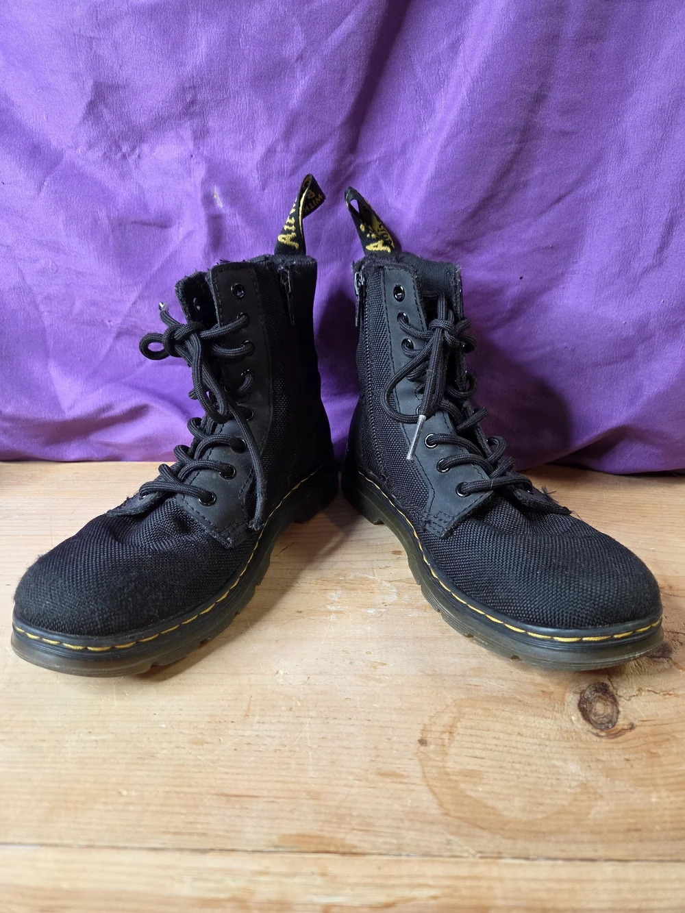 Dr. Martens Black Canvas Lace-Up Boots with Yellow Stitching